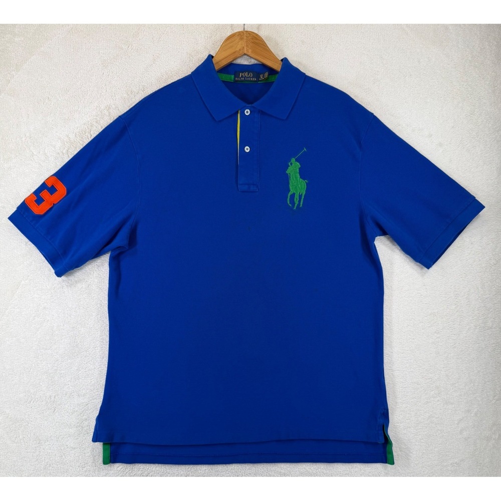 Polo Ralph Lauren Big Green Pony Blue Polo Shirt Mens LT Tall Orange 3 Patch